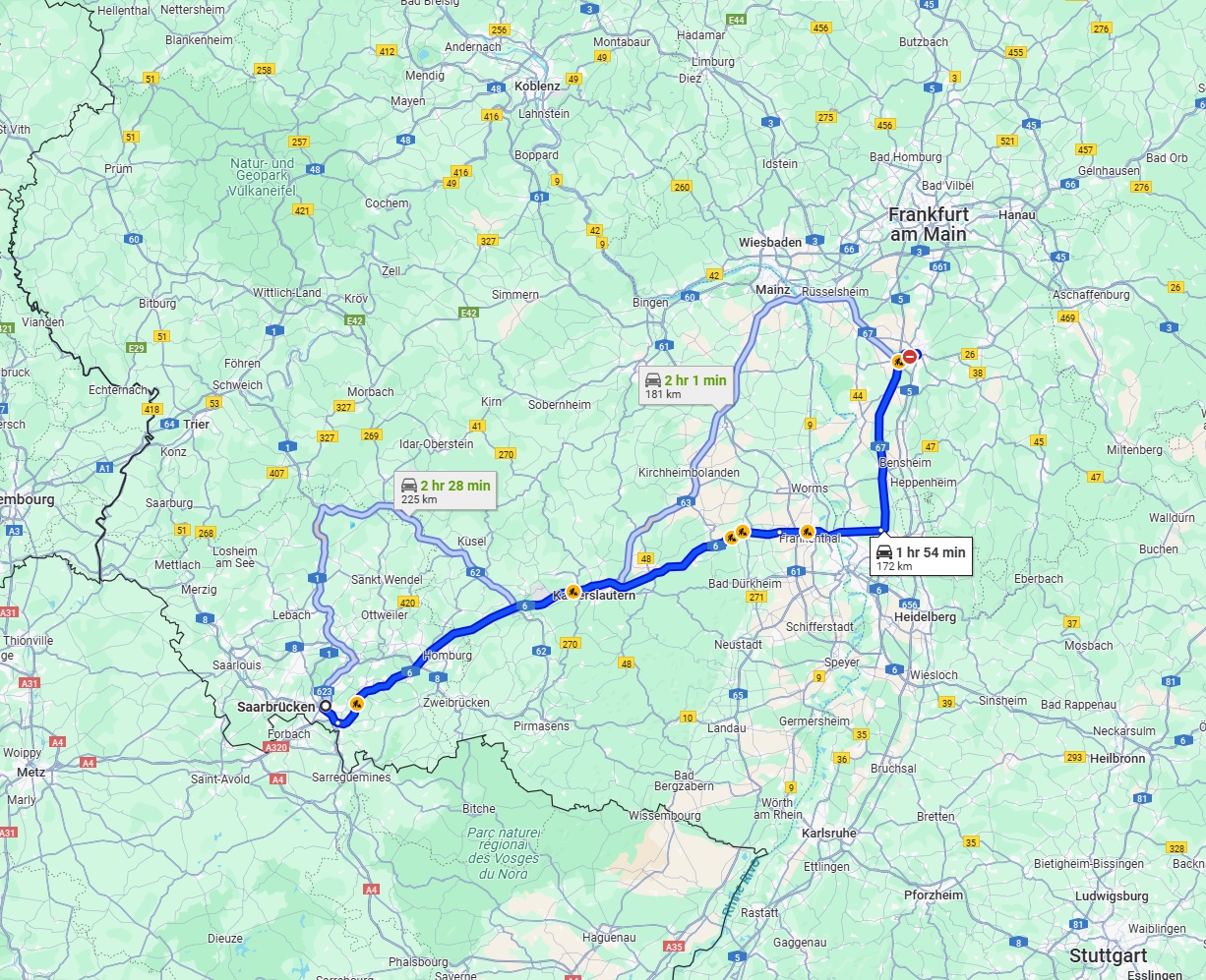 Anreise von Saarbrücken Zu Darmstadt Über via A6
