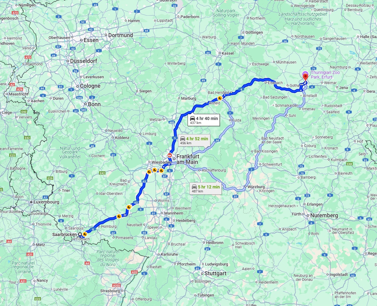Anreise von Saarbrücken Zu Erfurt Über via A5 and A4