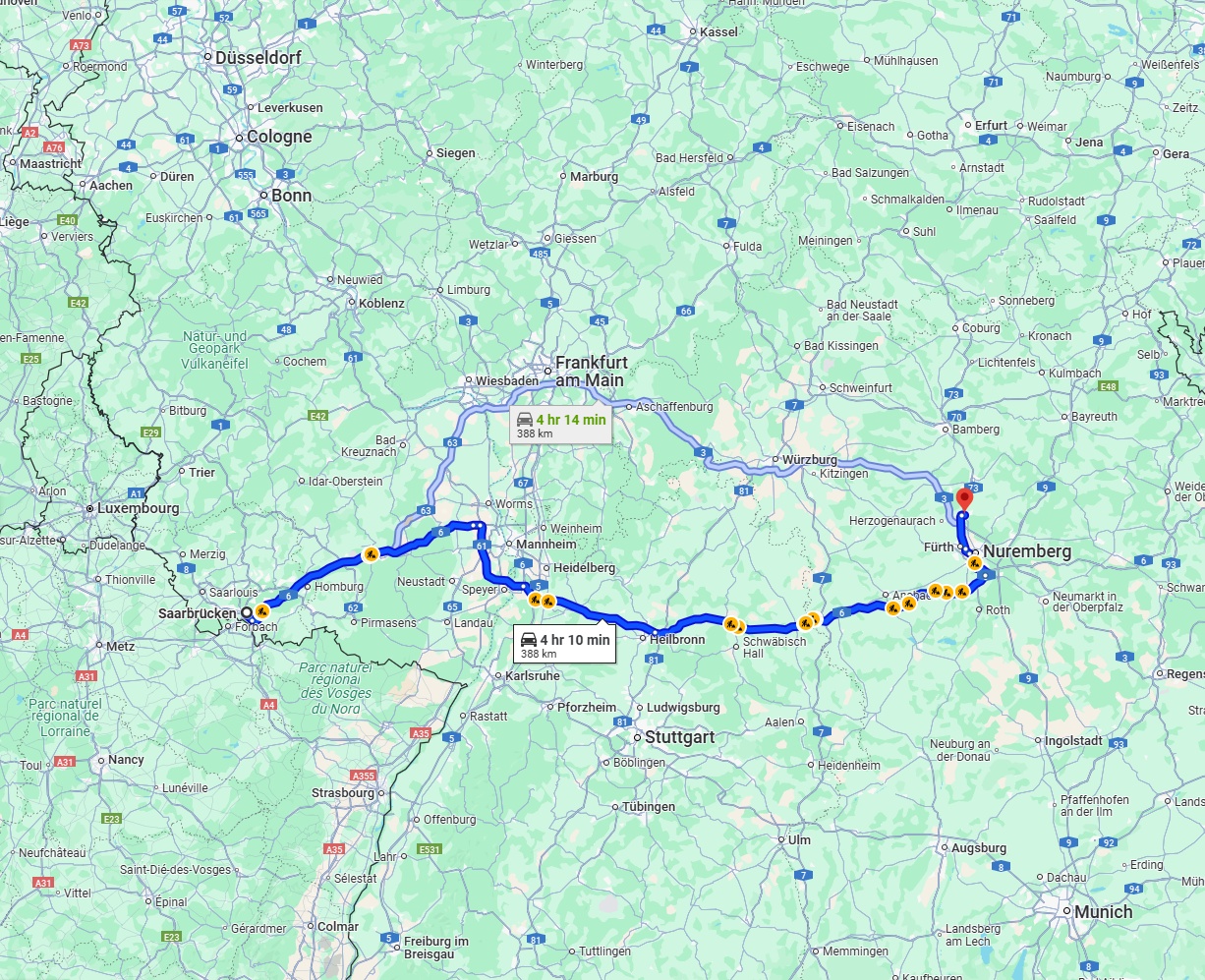 Anreise von Saarbrücken Zu Erlangen Über via A6