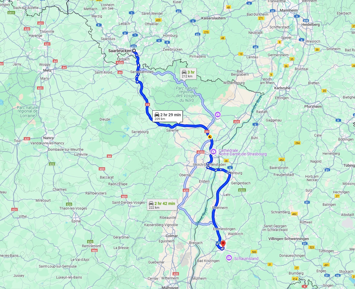 Anreise von Saarbrücken Zu Freiburg im Breisgau Über via A4 and A5