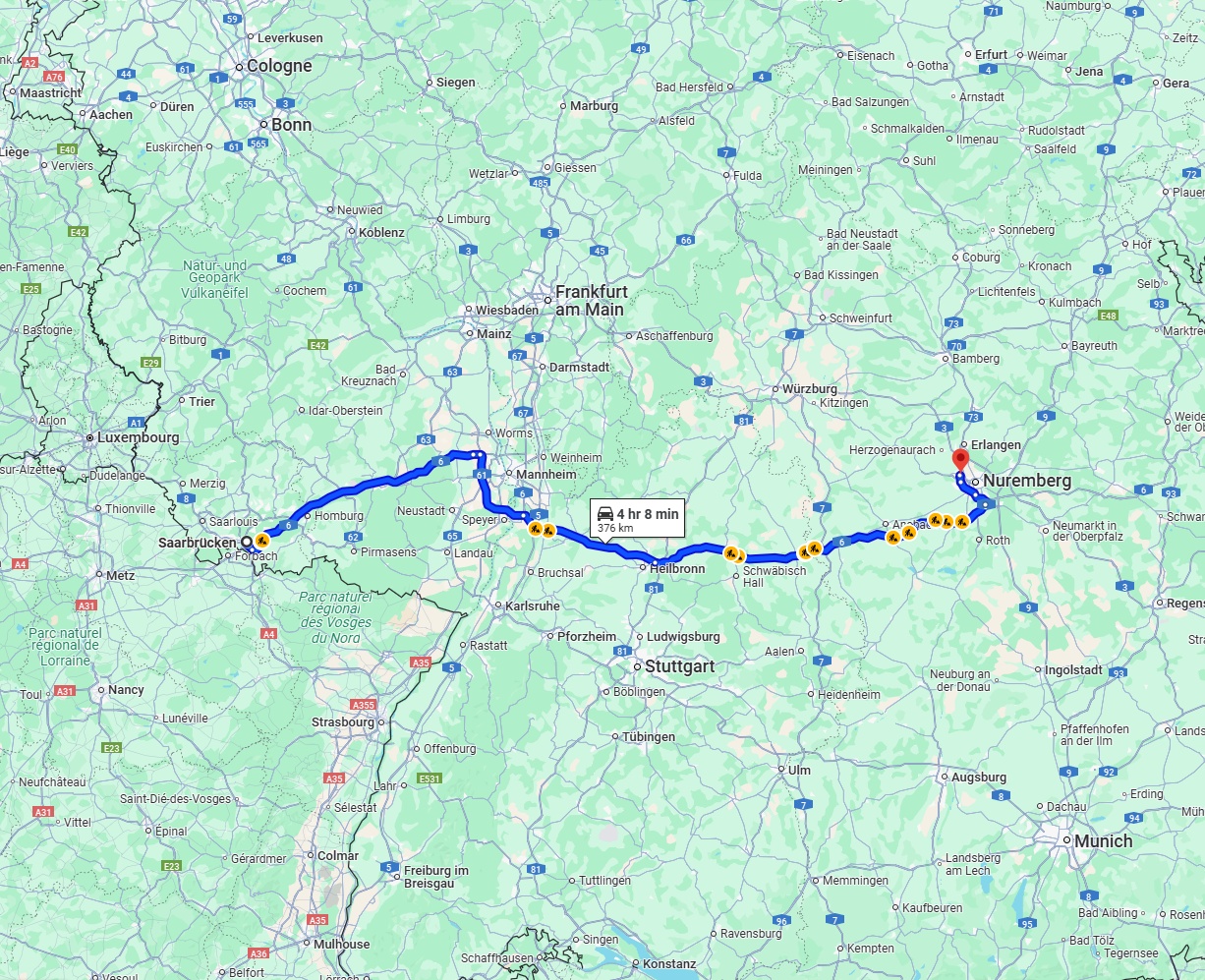 Anreise von Saarbrücken Zu Fürth Über via A6