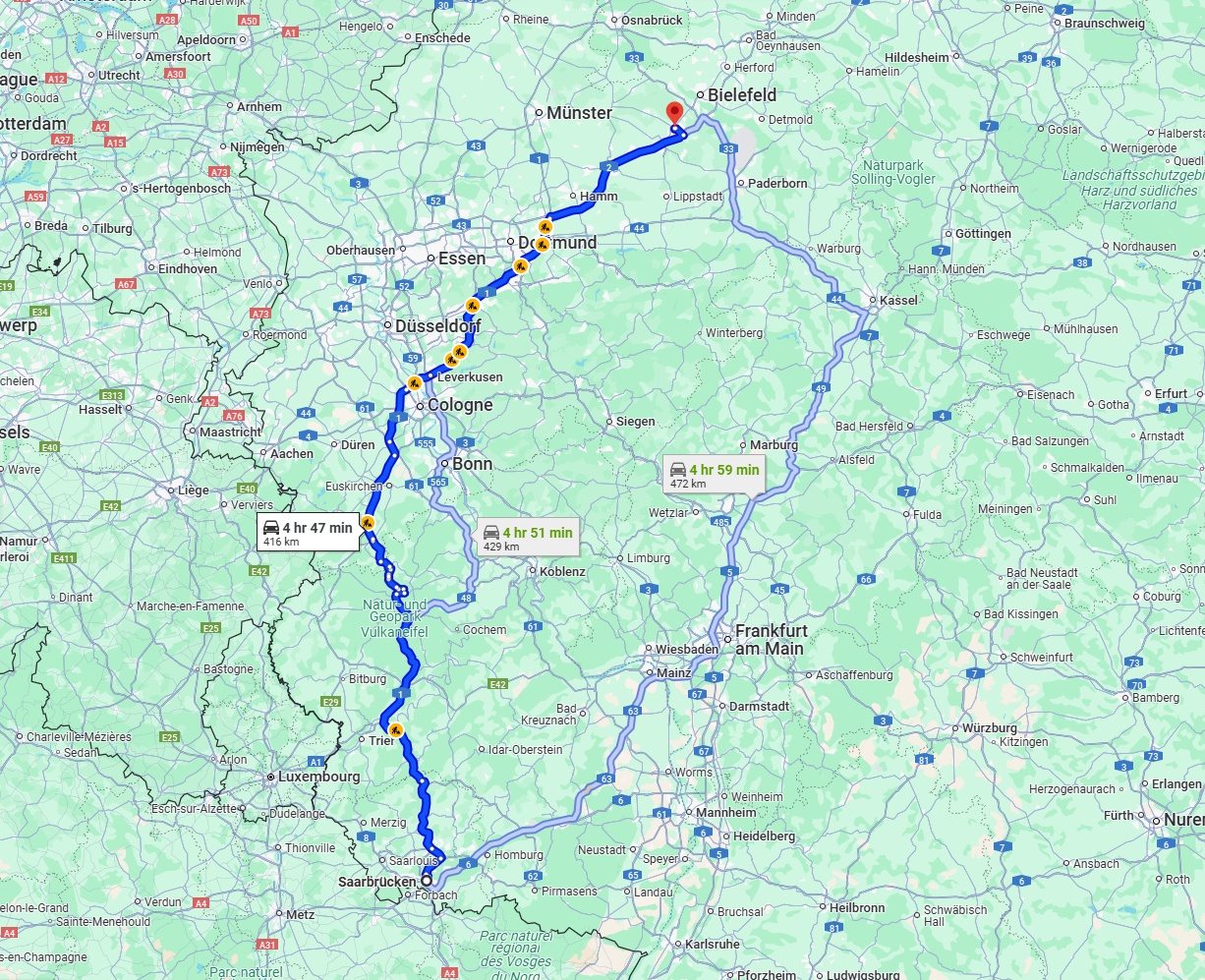 Anreise von Saarbrücken Zu Gütersloh Über via A1