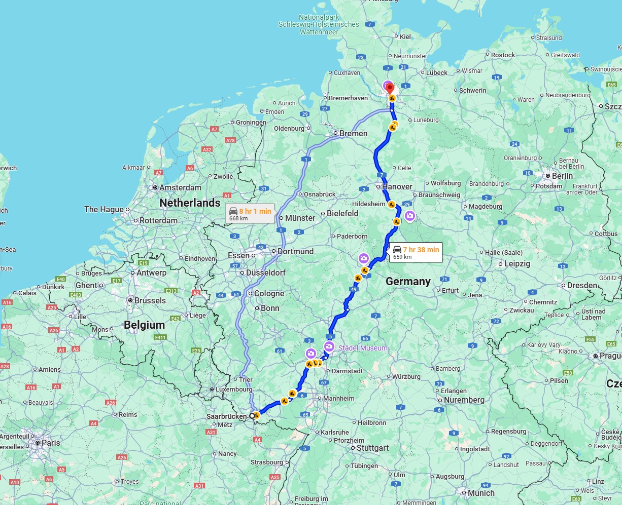 Anreise von Saarbrücken Zu Hamburg Über via A7