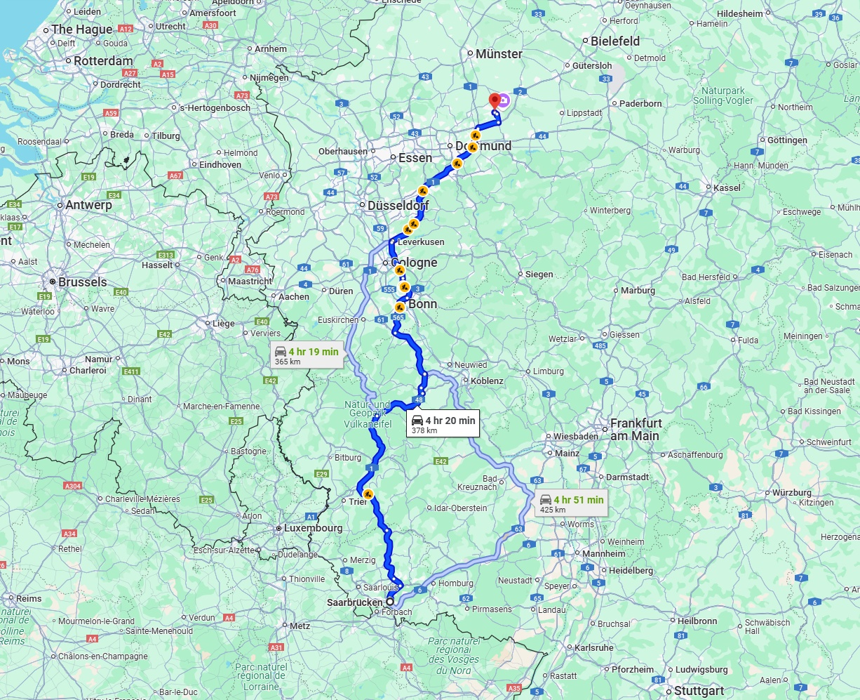 Anreise von Saarbrücken Zu Hamm Über via A1