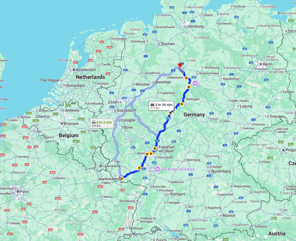 Anreise von Saarbrücken Zu Hannover Über via A7