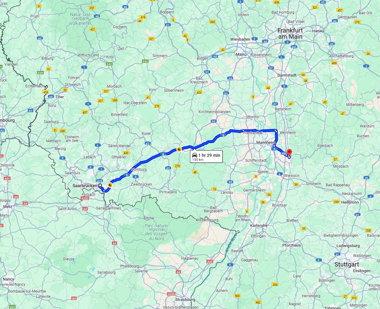 Anreise von Saarbrücken Zu Heidelberg Über via A6