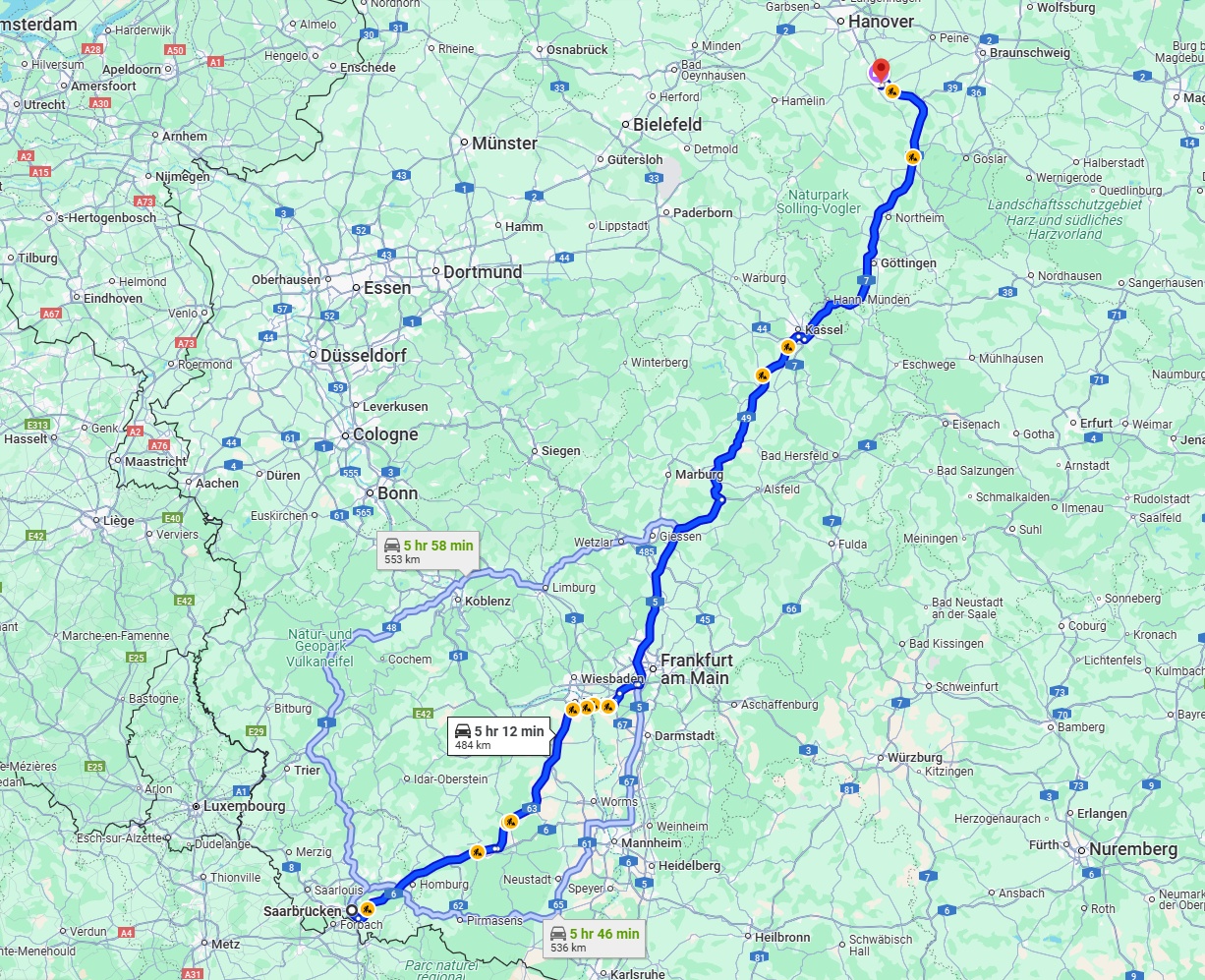 Anreise von Saarbrücken Zu Hildesheim Über via A7