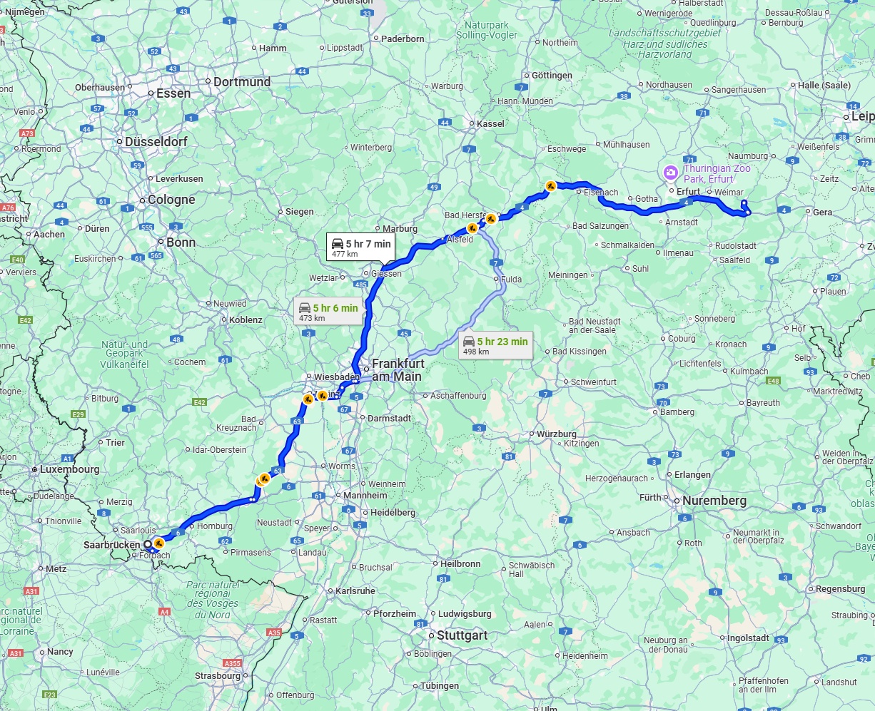 Anreise von Saarbrücken Zu Jena Über via A5 and A4