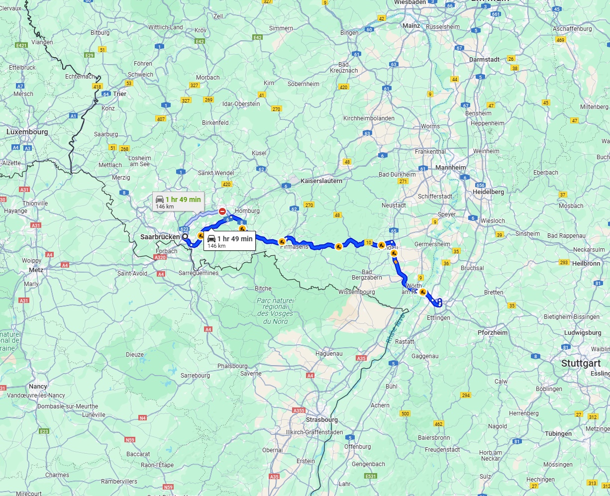 Anreise von Saarbrücken Zu Karlsruhe Über via B10
