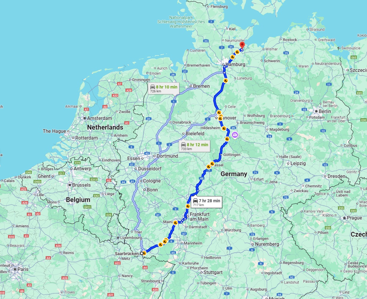 Anreise von Saarbrücken Zu Lübeck Über via A7