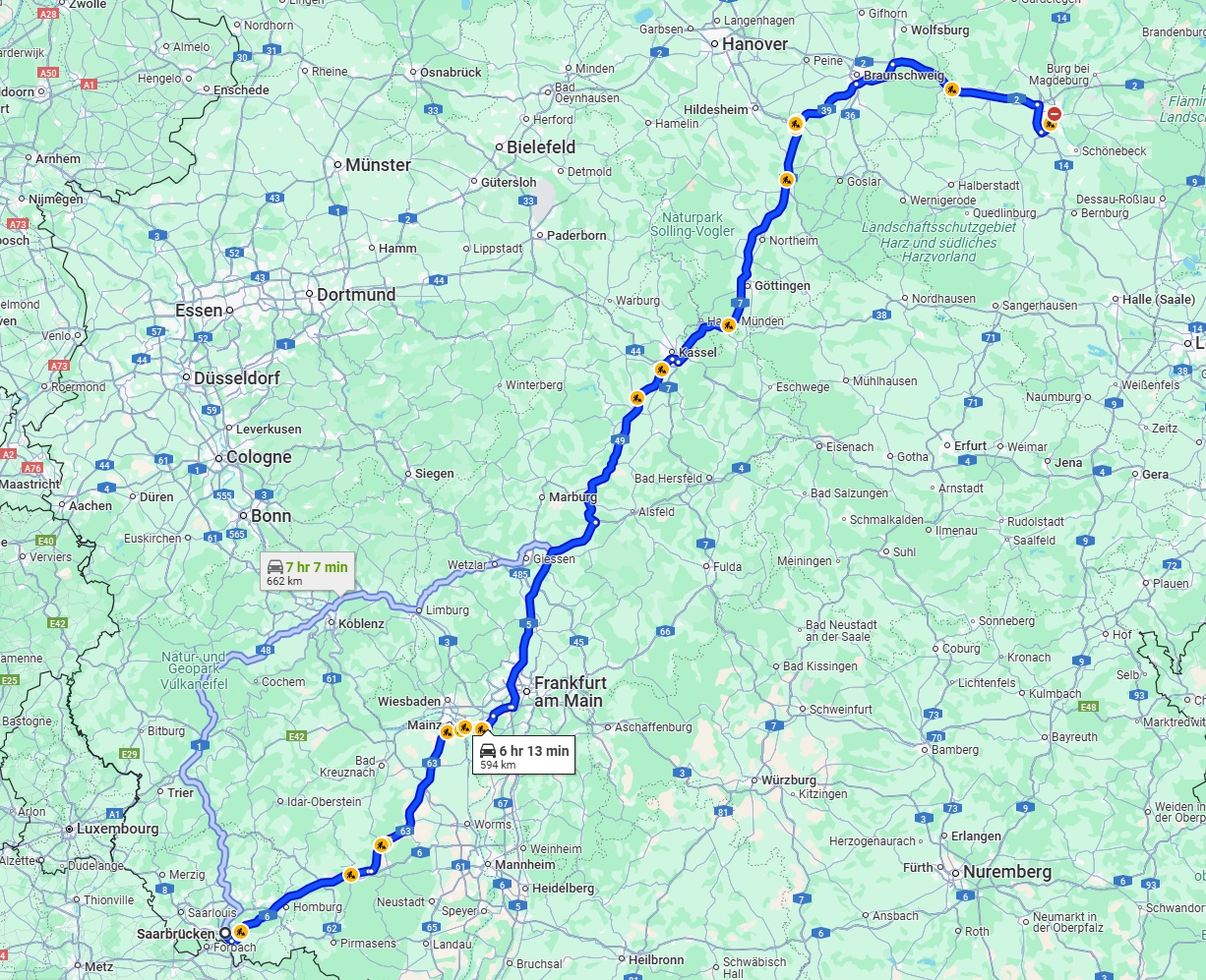 Anreise von Saarbrücken Zu Magdeburg Über via A7