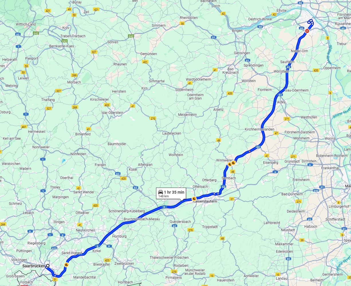Anreise von Saarbrücken Zu Mainz Über via A6 and A63