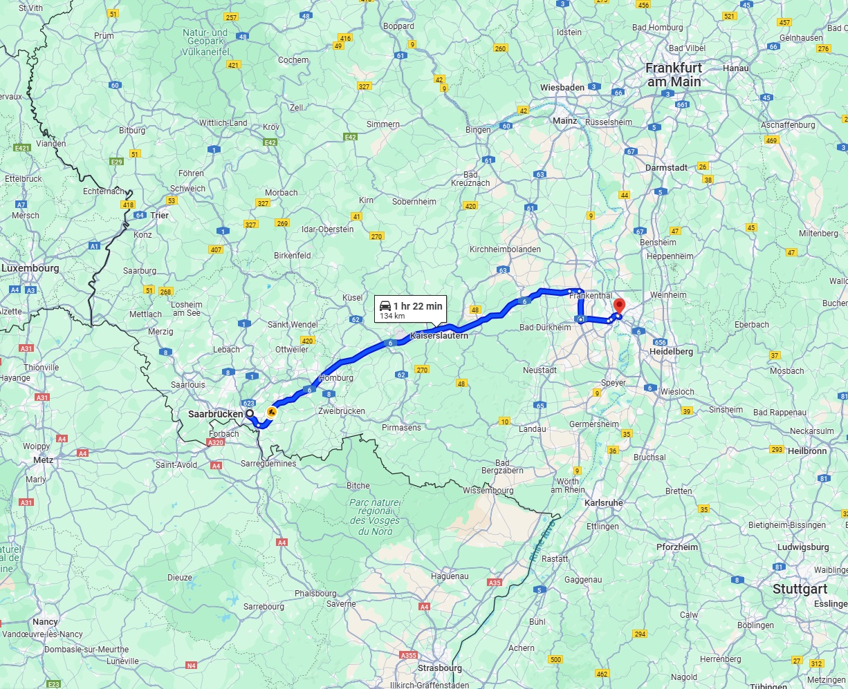 Anreise von Saarbrücken Zu Mannheim Über via A6