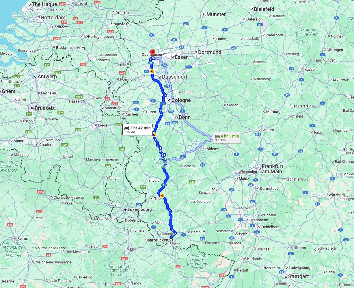 Anreise von Saarbrücken Zu Moers Über via A1
