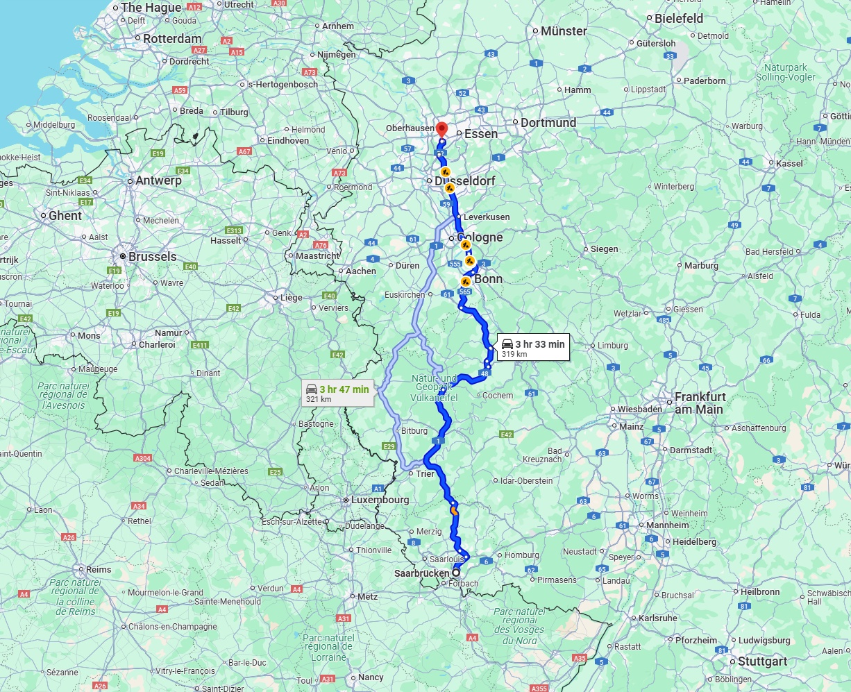 Anreise von Saarbrücken Zu Mülheim an der Ruhr Über via A1