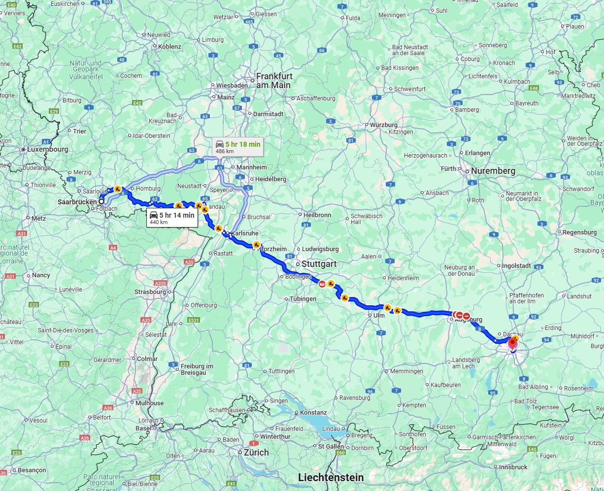 Anreise von Saarbrücken Zu München Über via A8