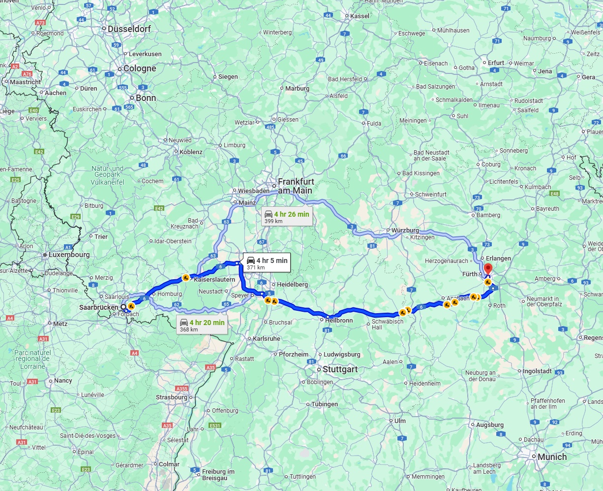 Anreise von Saarbrücken Zu Nürnberg Über via A6
