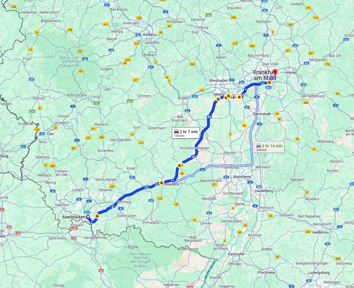 Anreise von Saarbrücken Zu Offenbach am Main Über via A6 and A63