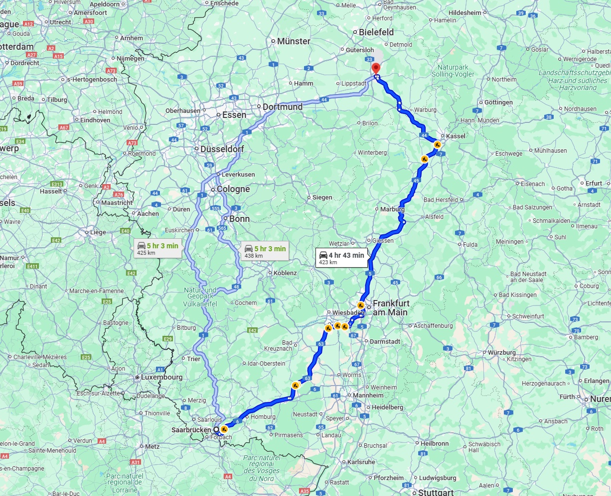 Anreise von Saarbrücken Zu Paderborn Über via A5