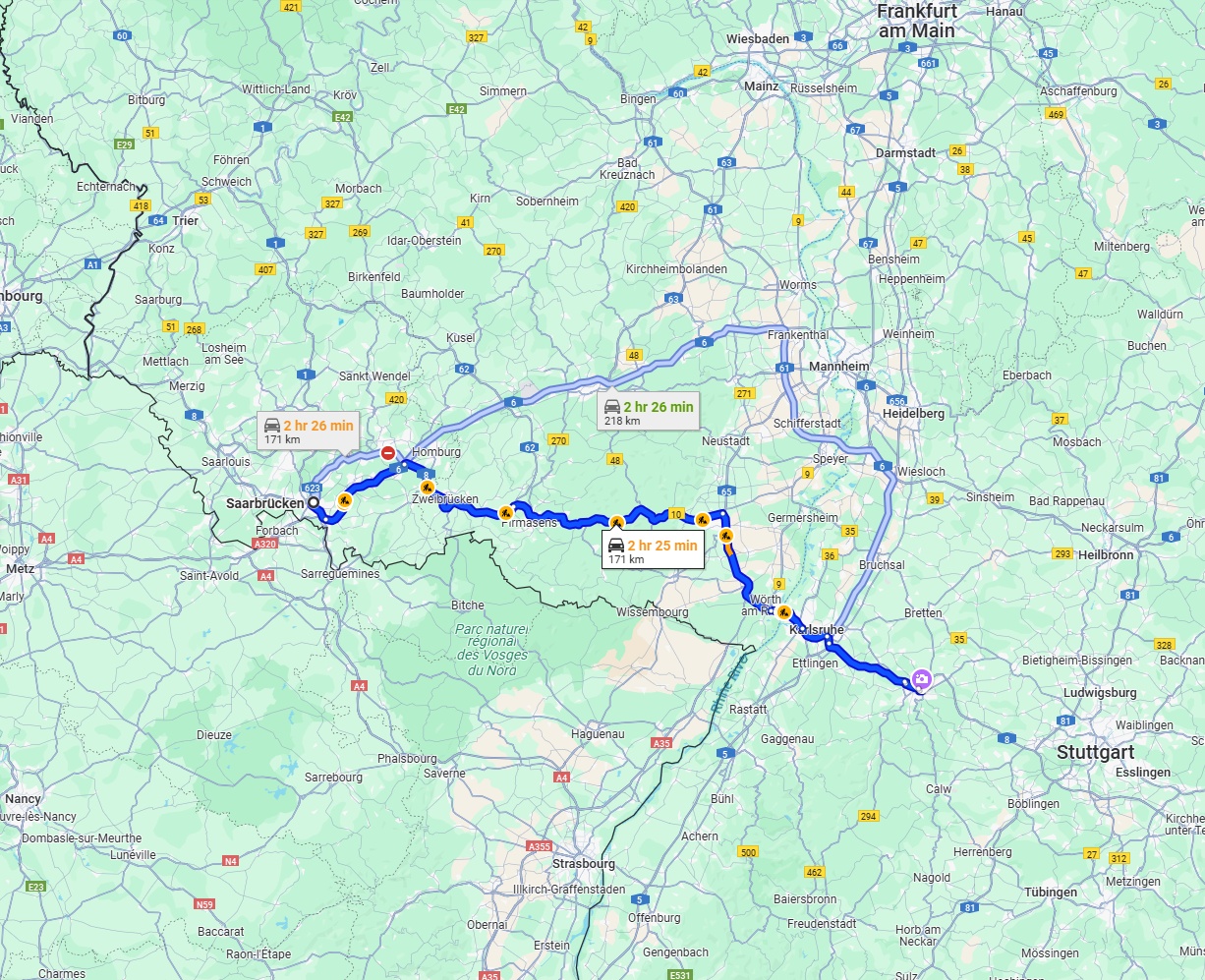 Anreise von Saarbrücken Zu Pforzheim Über via B10 and A8