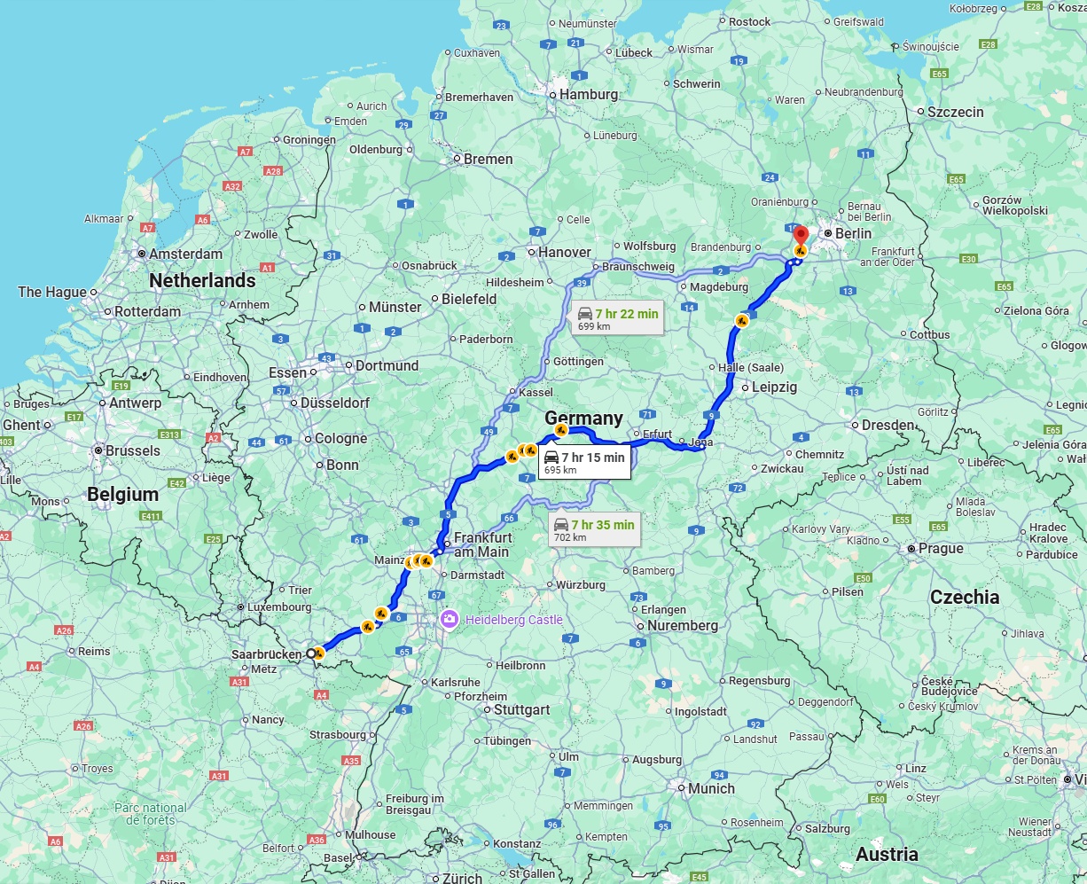 Anreise von Saarbrücken Zu Potsdam Über via A4 and A9