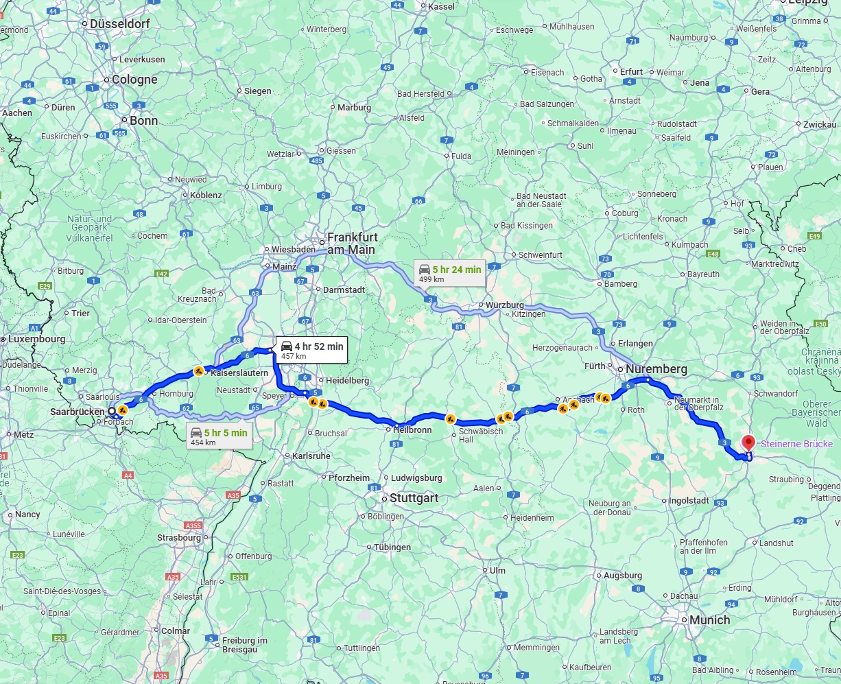 Anreise von Saarbrücken Zu Regensburg Über via A6