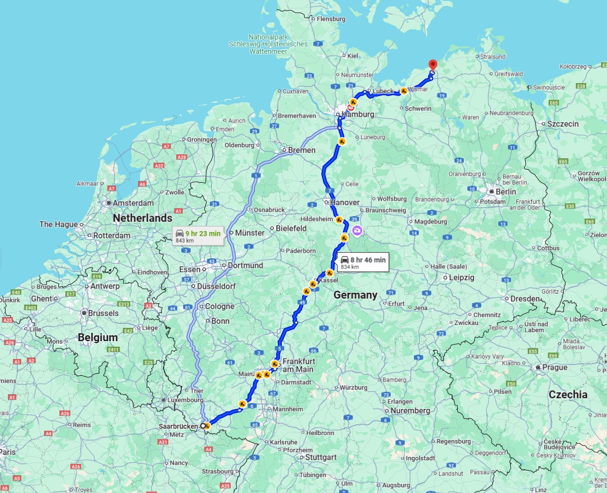Anreise von Saarbrücken Zu Rostock Über via A7