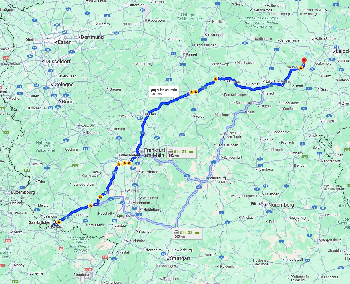 Anreise von Saarbrücken Zu Saale Über via A5 and A4