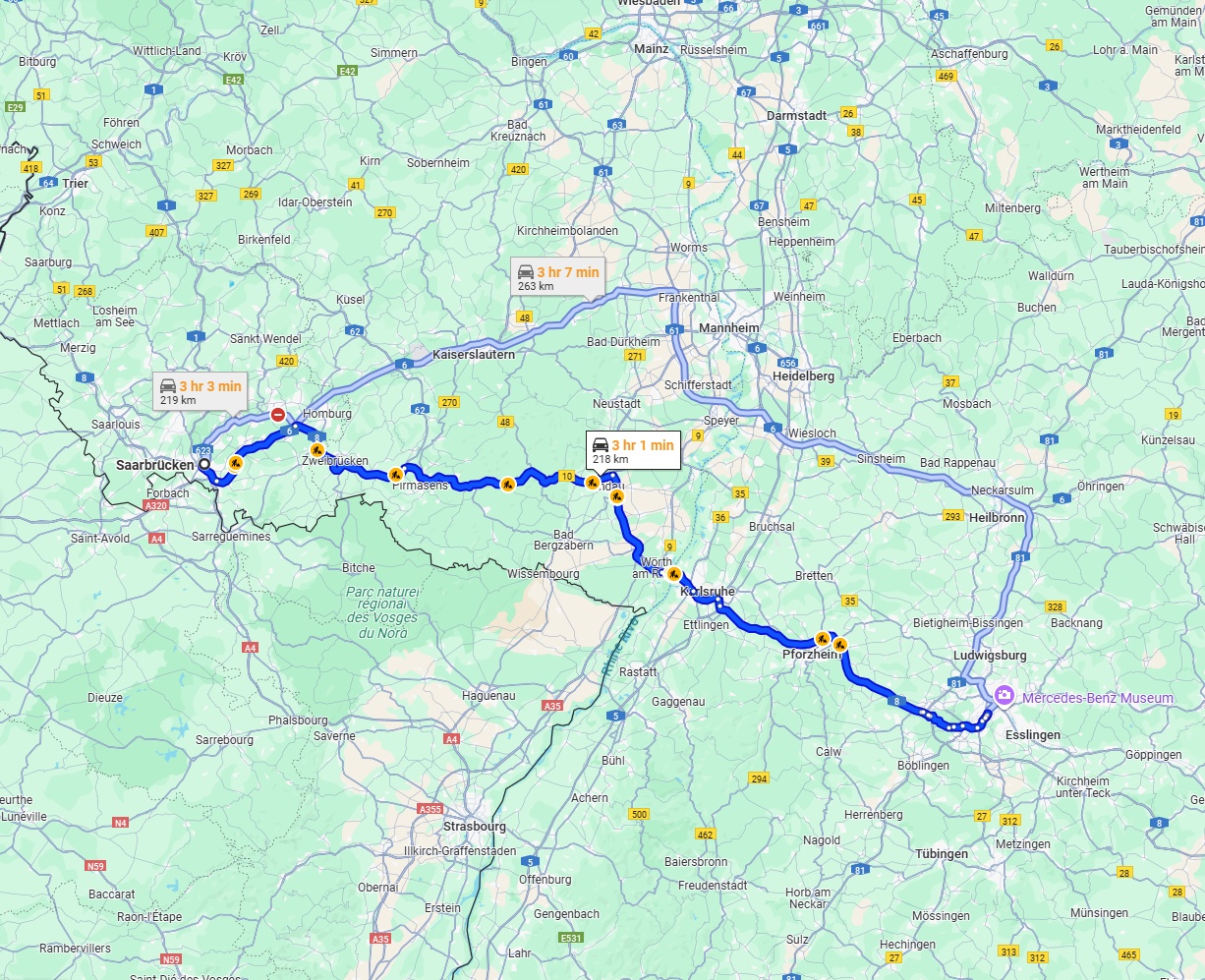 Anreise von Saarbrücken Zu Stuttgart Über via B10 and A8