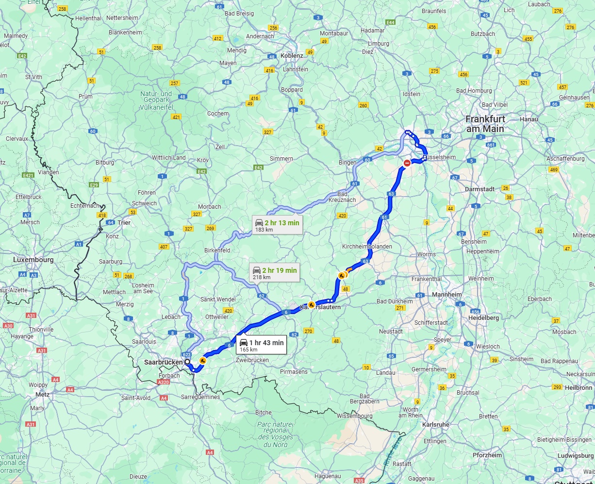 Anreise von Saarbrücken Zu Wiesbaden Über via A6 and A63