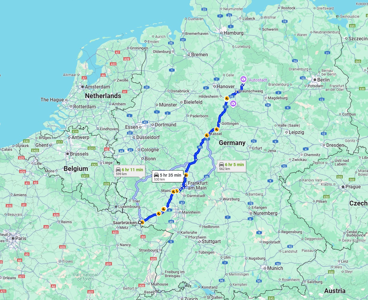 Anreise von Saarbrücken Zu Wolfsburg Über via A7