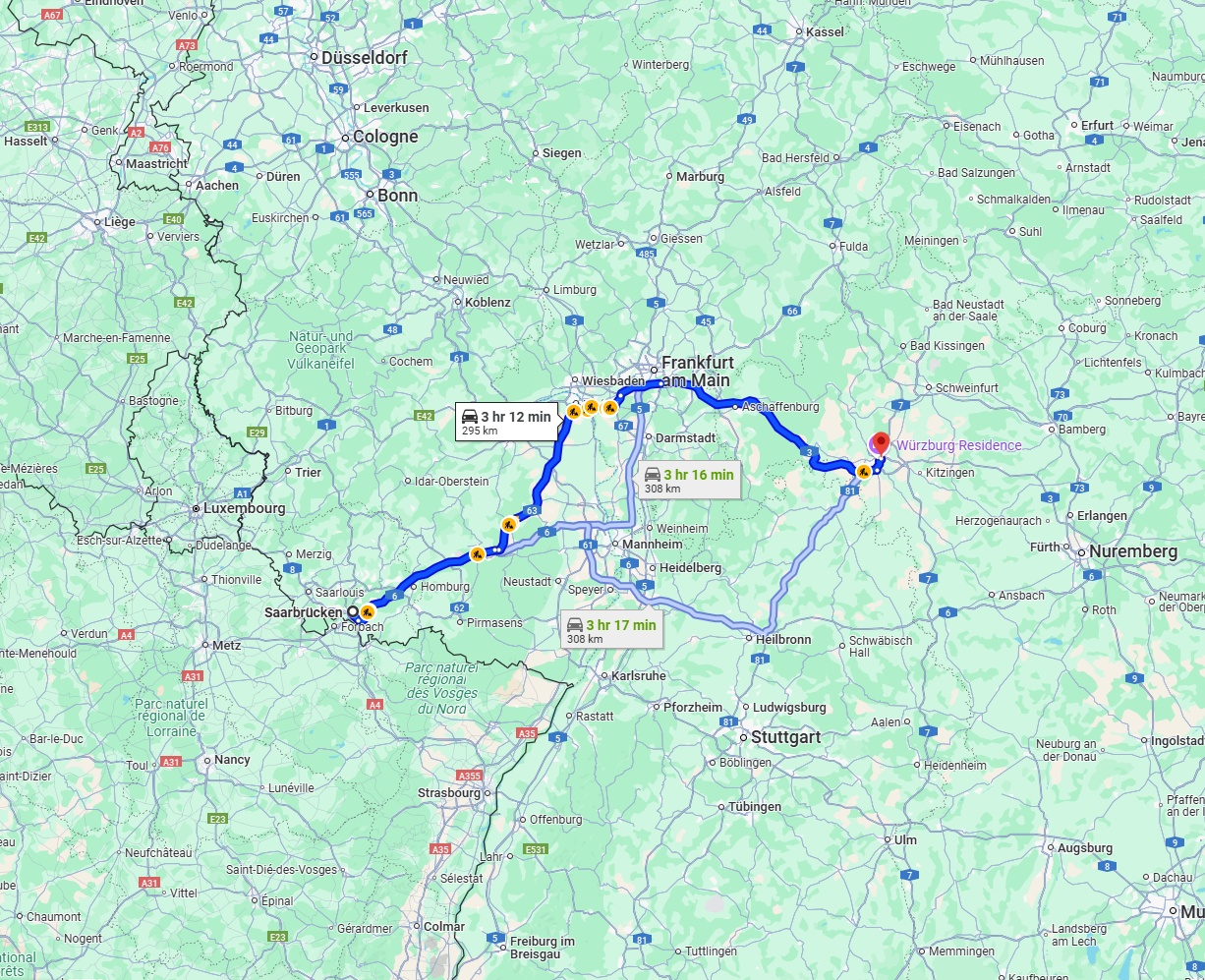 Anreise von Saarbrücken Zu Würzburg Über via A3