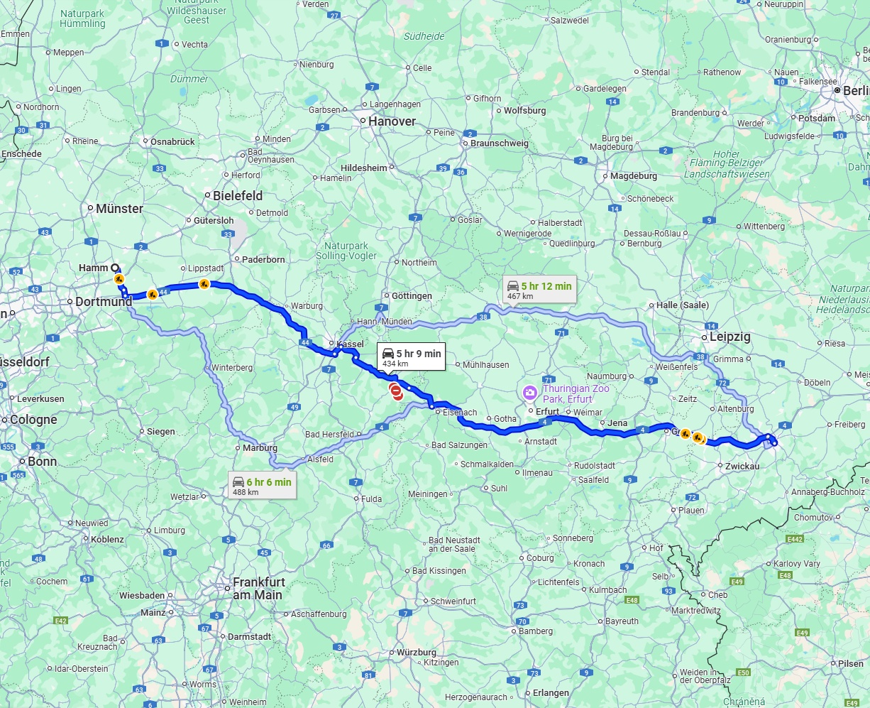Anreise von Hamm Zu Chemnitz Über via A44 and A4