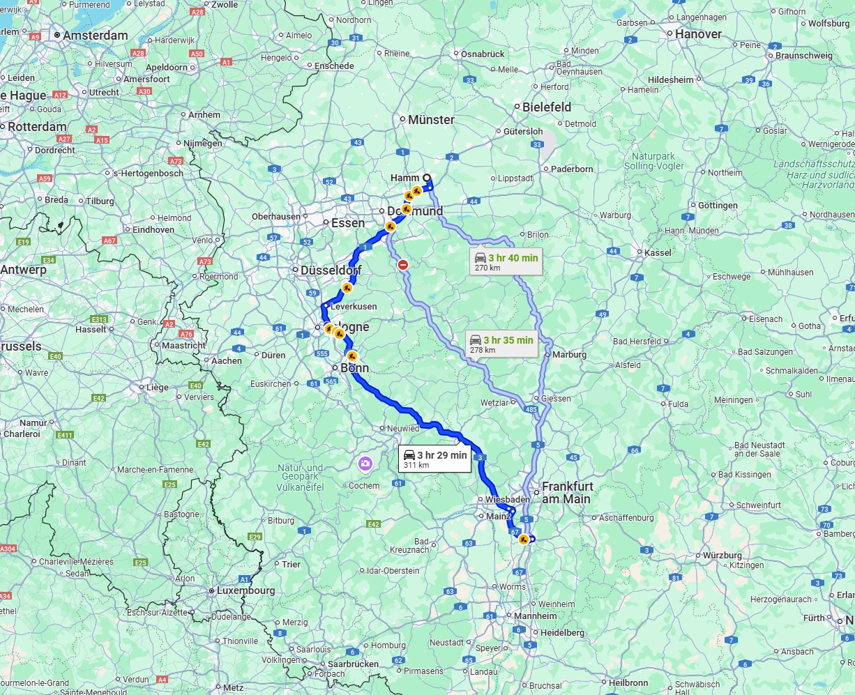 Anreise von Hamm Zu Darmstadt Über via A1 and A3