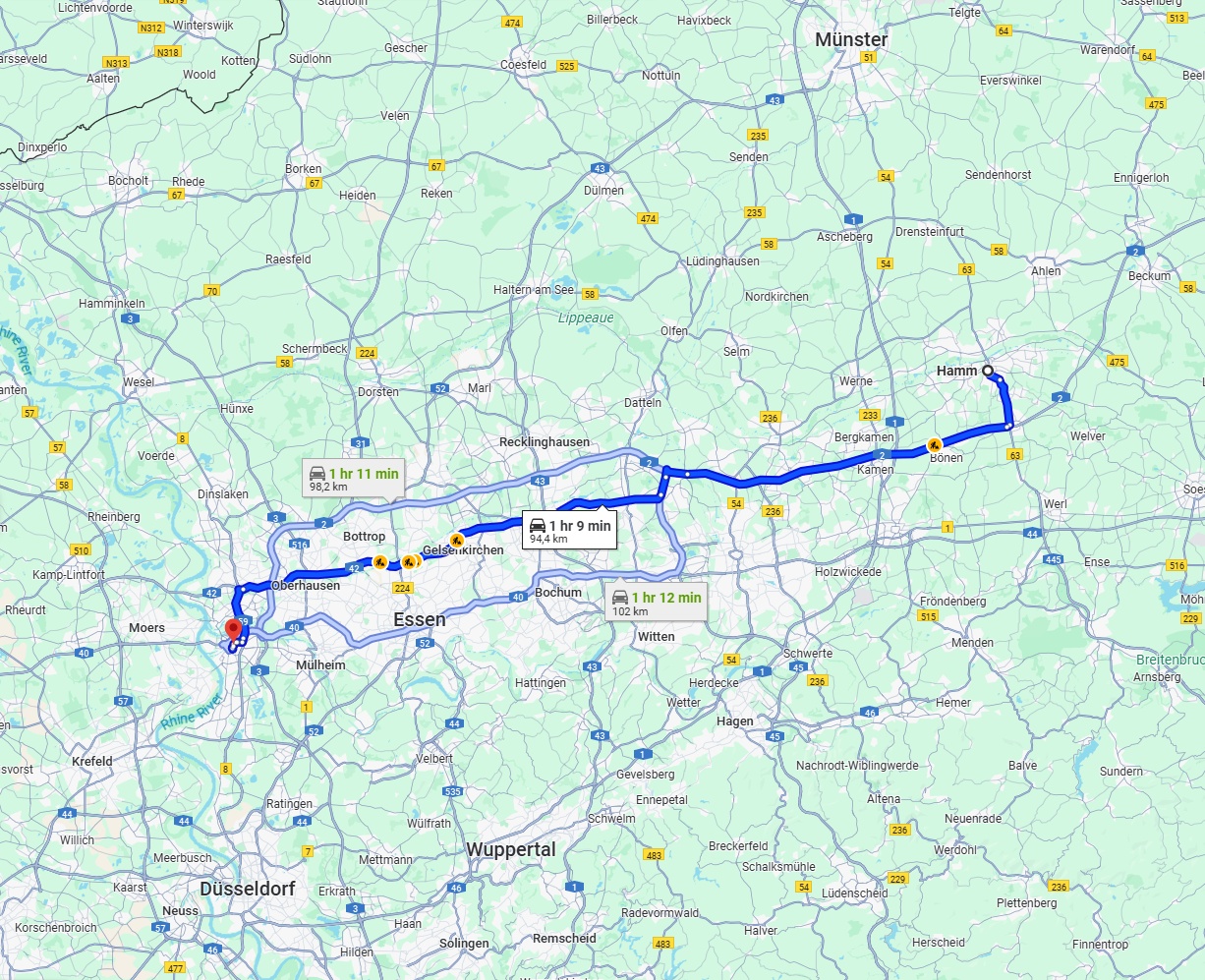 Anreise von Hamm Zu Duisburg Über via A2 and A42