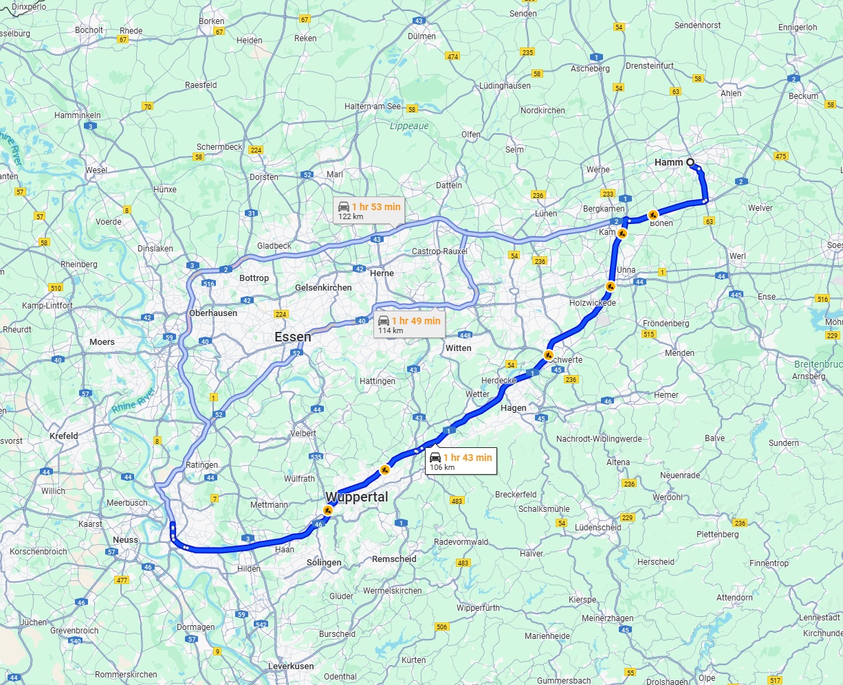 Anreise von Hamm Zu Düsseldorf Über via A1 and A46