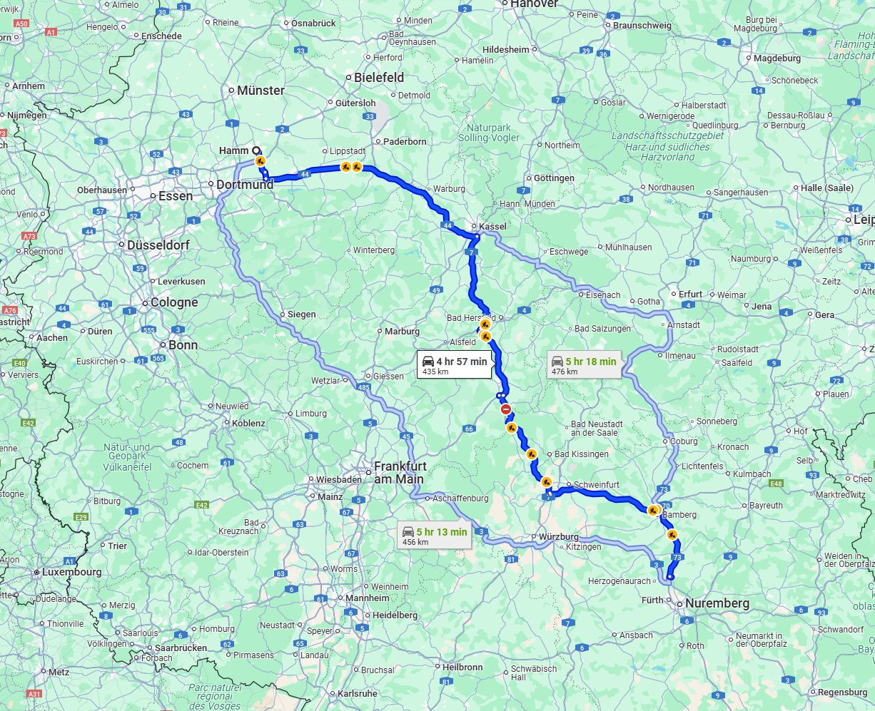 Anreise von Hamm Zu Erlangen Über via A44 and A7