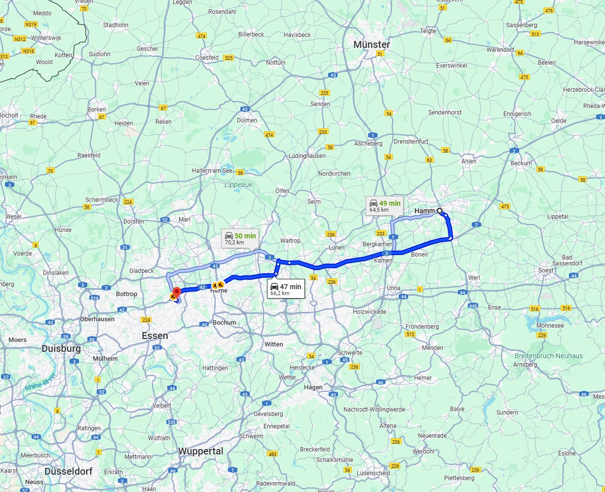 Anreise von Hamm Zu Gelsenkirchen Über via A2 and A42