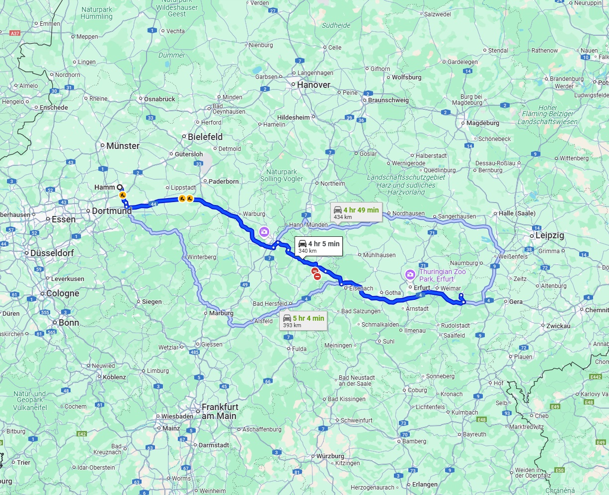 Anreise von Hamm Zu Jena Über via A44 and A4