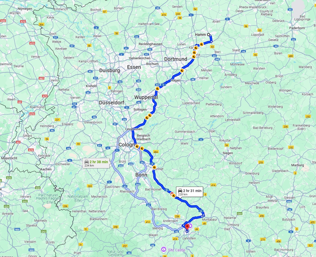 Anreise von Hamm Zu Koblenz Über via A1 and A3