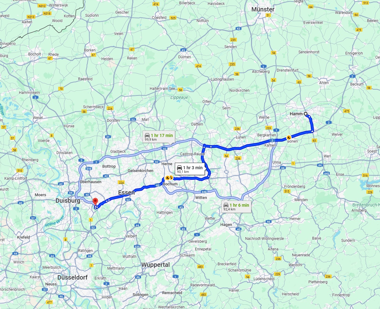 Anreise von Hamm Zu Mülheim an der Ruhr Über via A2 and A40