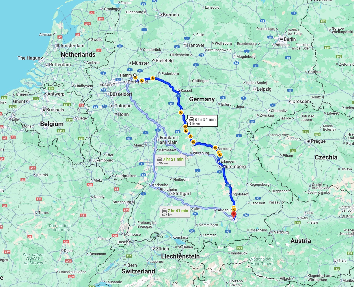 Anreise von Hamm Zu München Über via A7 and A9
