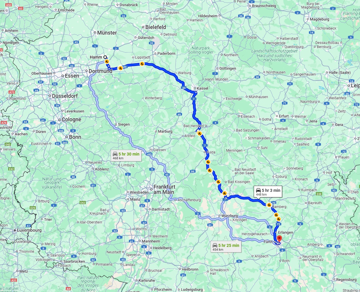 Anreise von Hamm Zu Nürnberg Über via A44 and A7