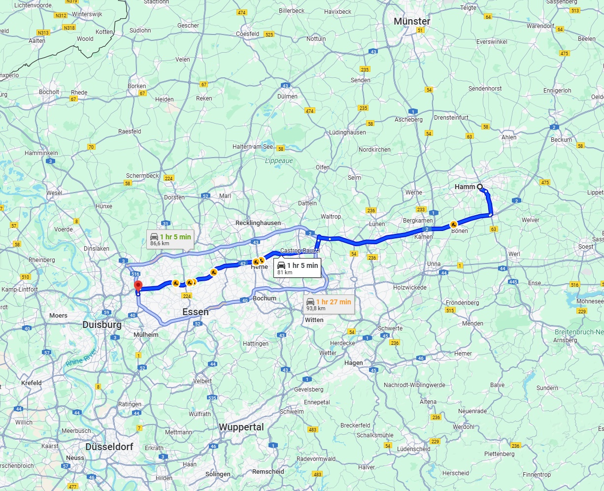 Anreise von Hamm Zu Oberhausen Über via A2 and A42