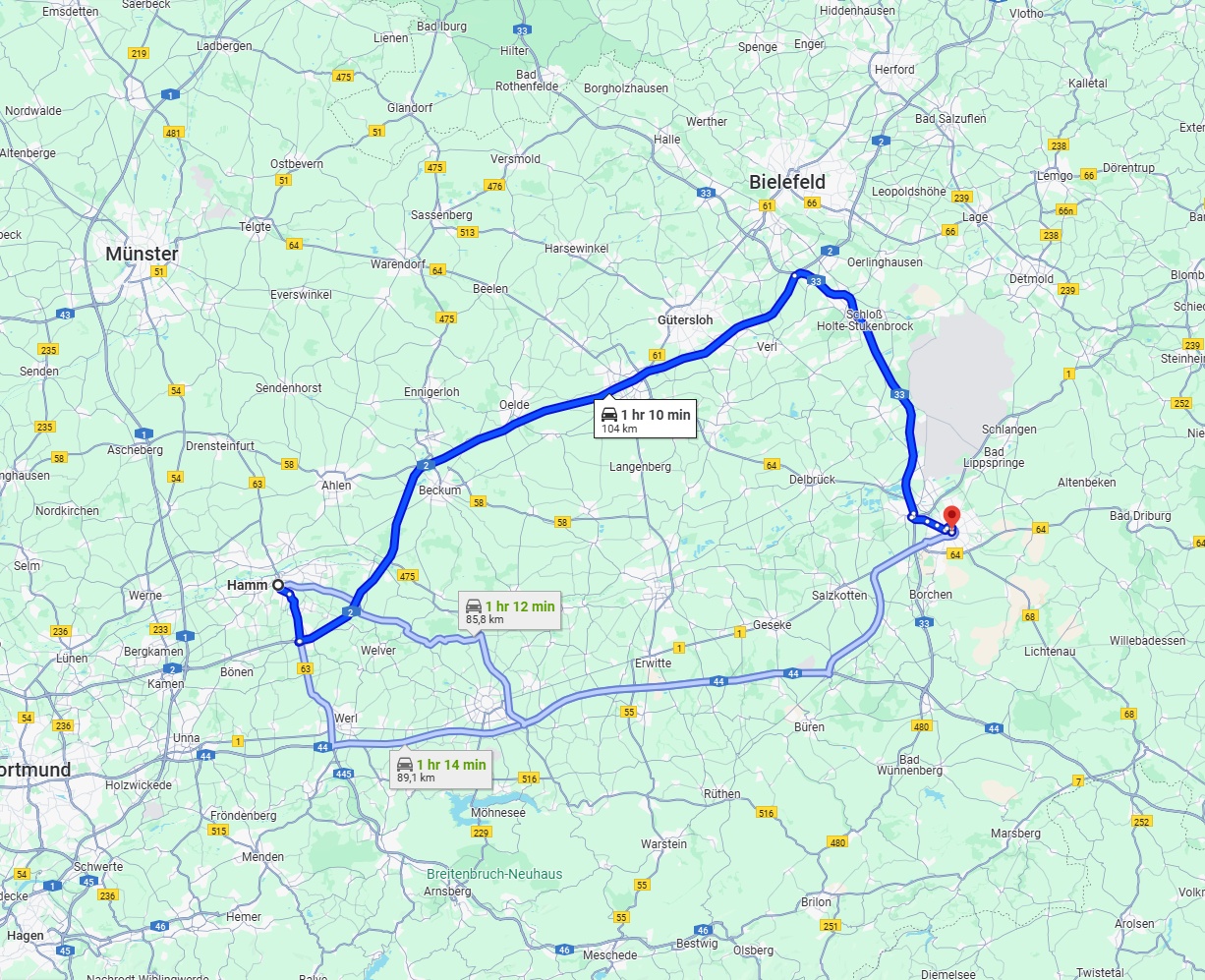 Anreise von Hamm Zu Paderborn Über via A2 and A33