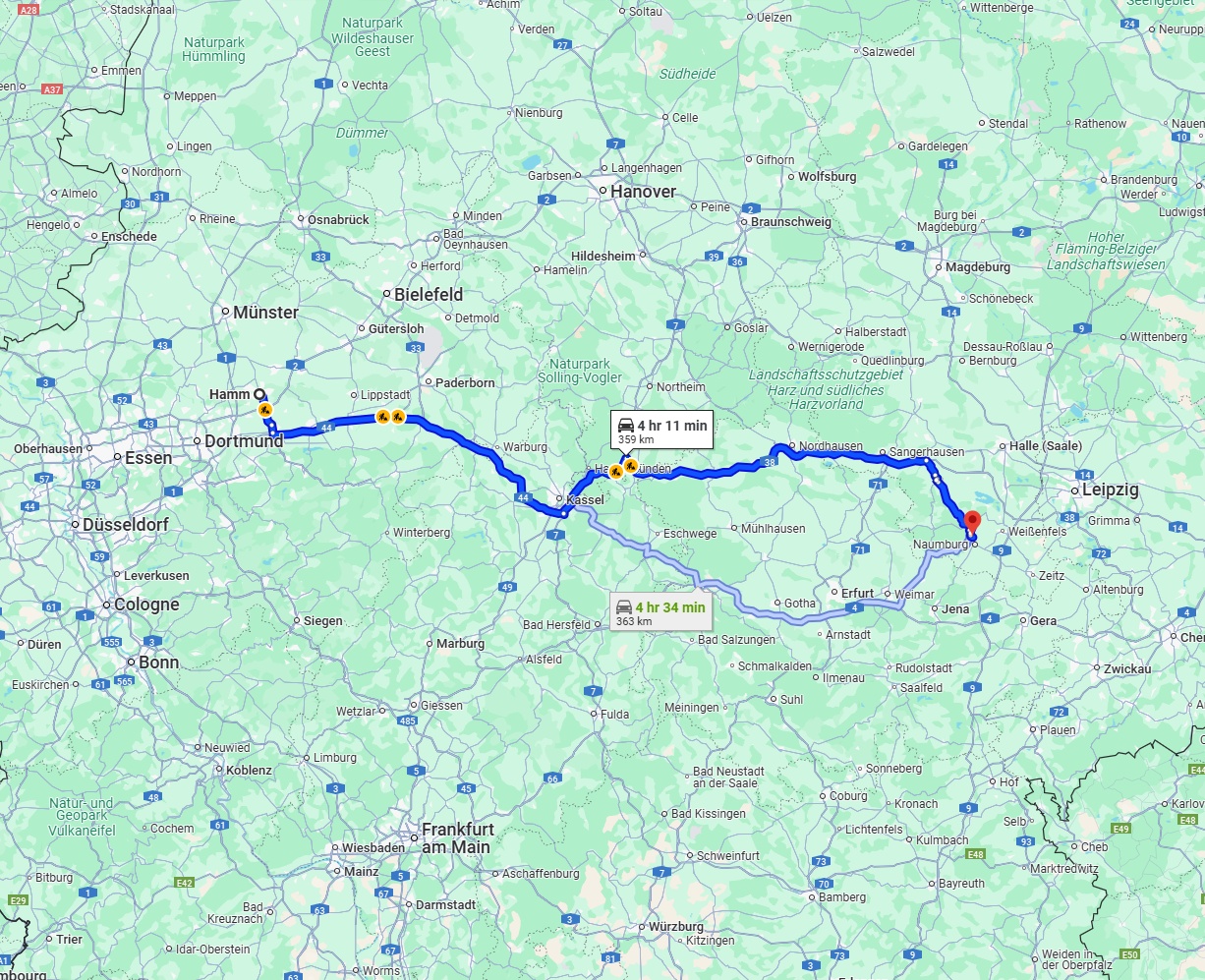 Anreise von Hamm Zu Saale Über via A44 and A38
