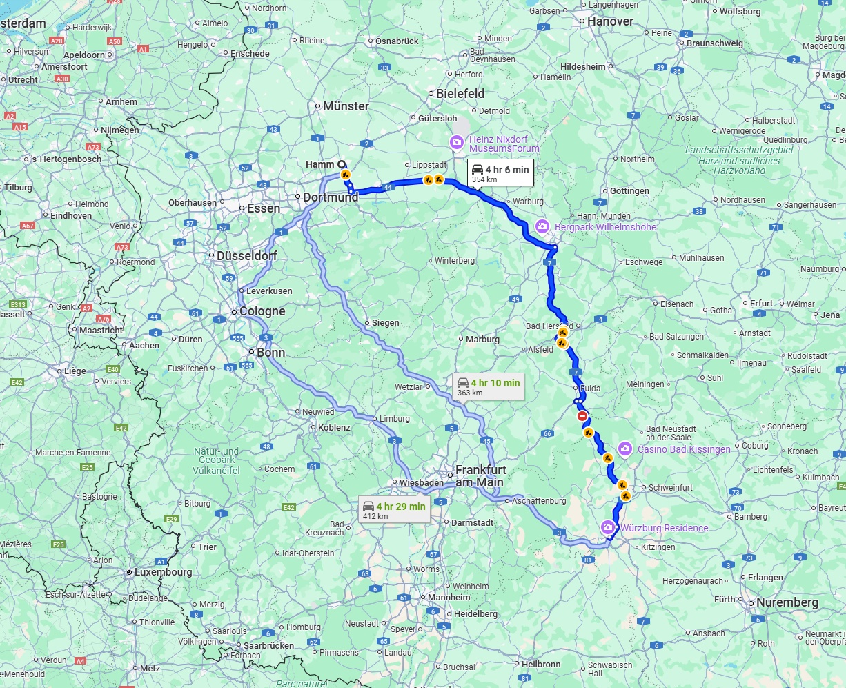 Anreise von Hamm Zu Würzburg Über via A44 and A7