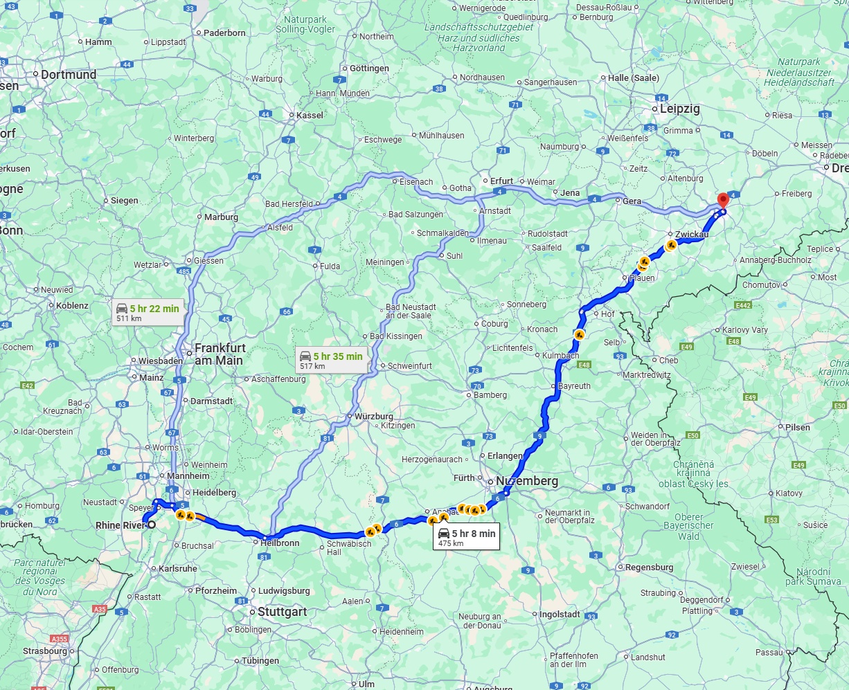 Anreise von Ludwigshafen am Rhein Zu Chemnitz Über via A6 and A9