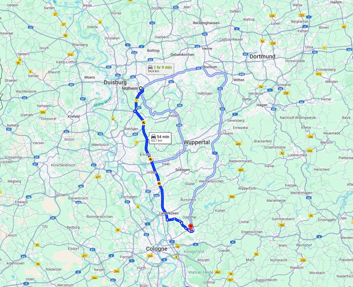 Anreise von Mülheim an der Ruhr Zu Bergisch Gladbach Über via A3