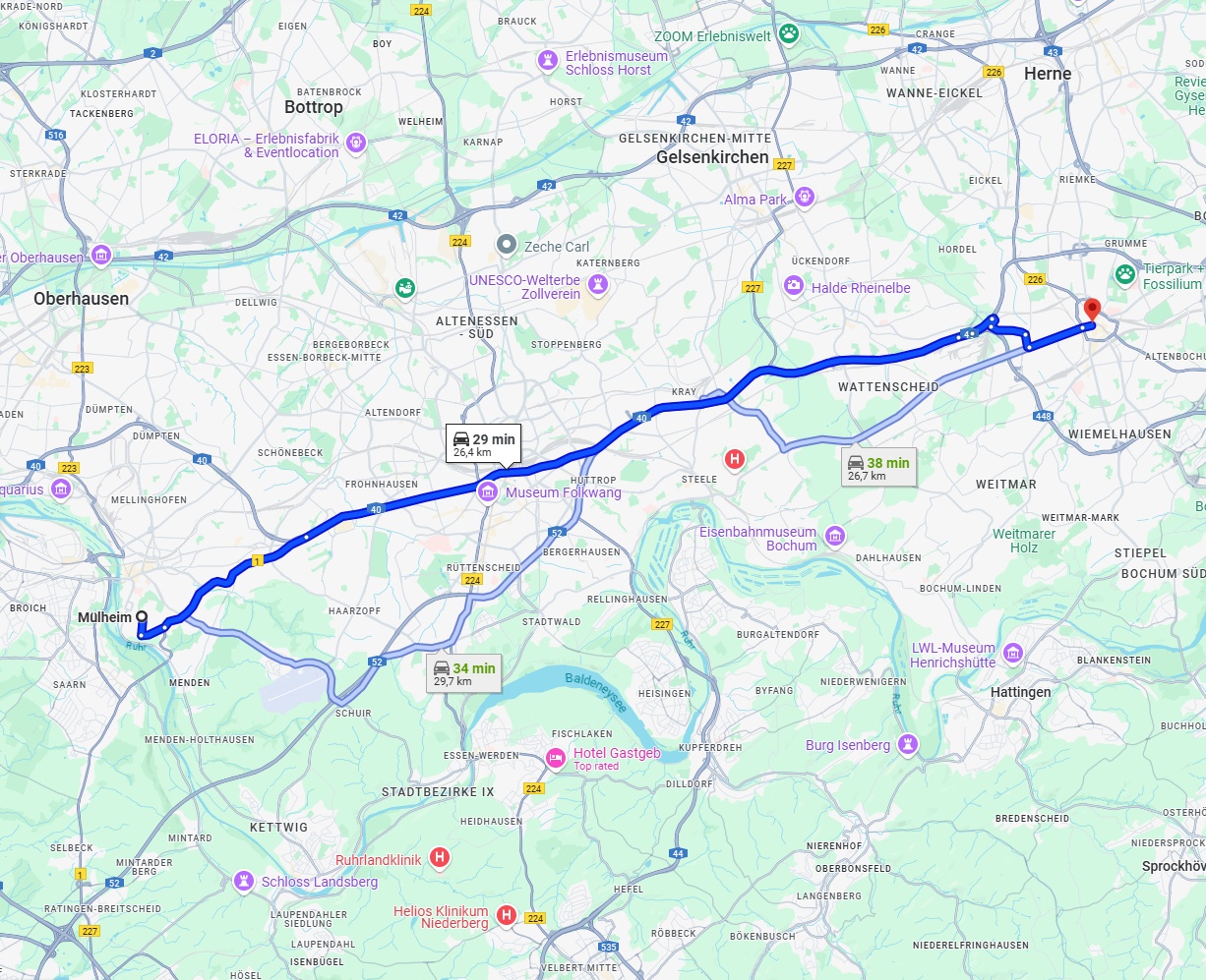 Anreise von Mülheim an der Ruhr Zu Bochum Über via A40